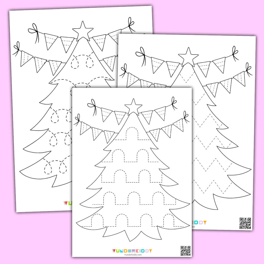 Printable Christmas Tree Pre-Writing Worksheets for Kindergarten