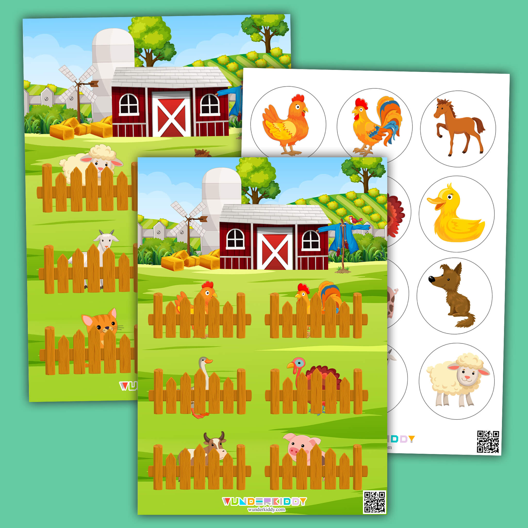 On the farm hide and seek game. Farm matching activity for kids