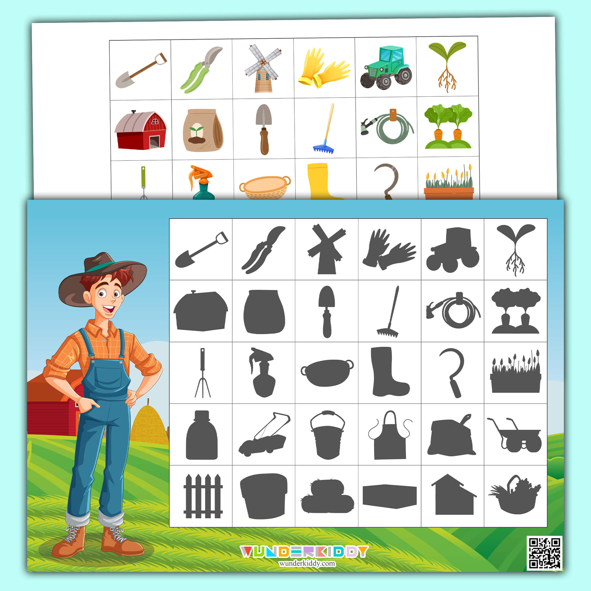 Farm Tools Shadow Match Worksheet