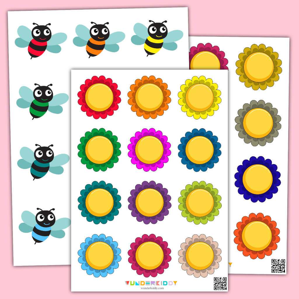 Printable Flowers and Bees Color Matching Worksheet for Preschool