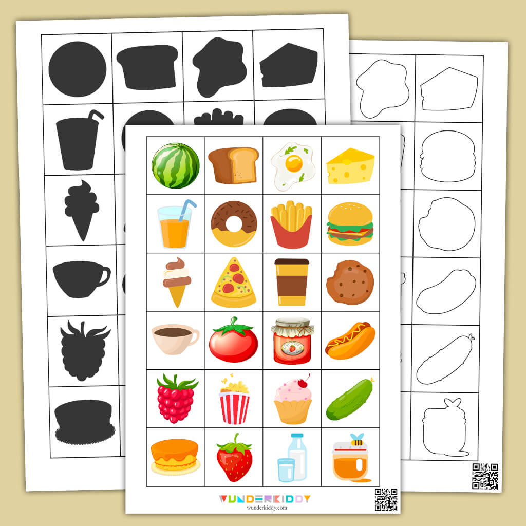 Printable food shadow matching worksheet for early childhood