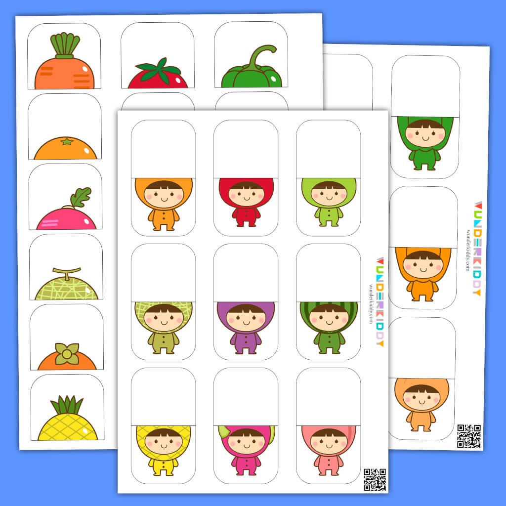 Fruit and Vegetable Hats Matching Printable Cards for Toddlers