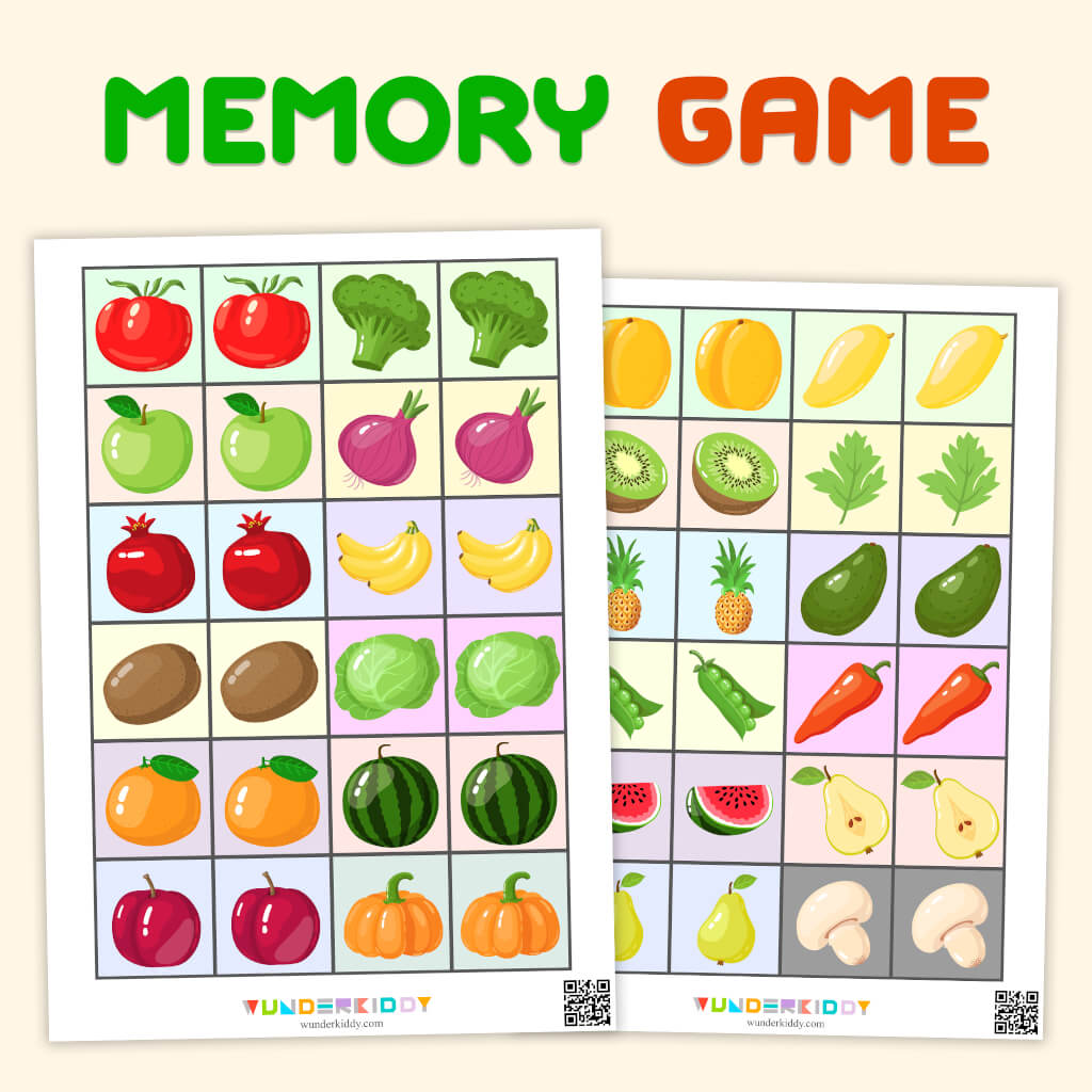 Printable Memory Game Fruits and Veggies for Kindergarten