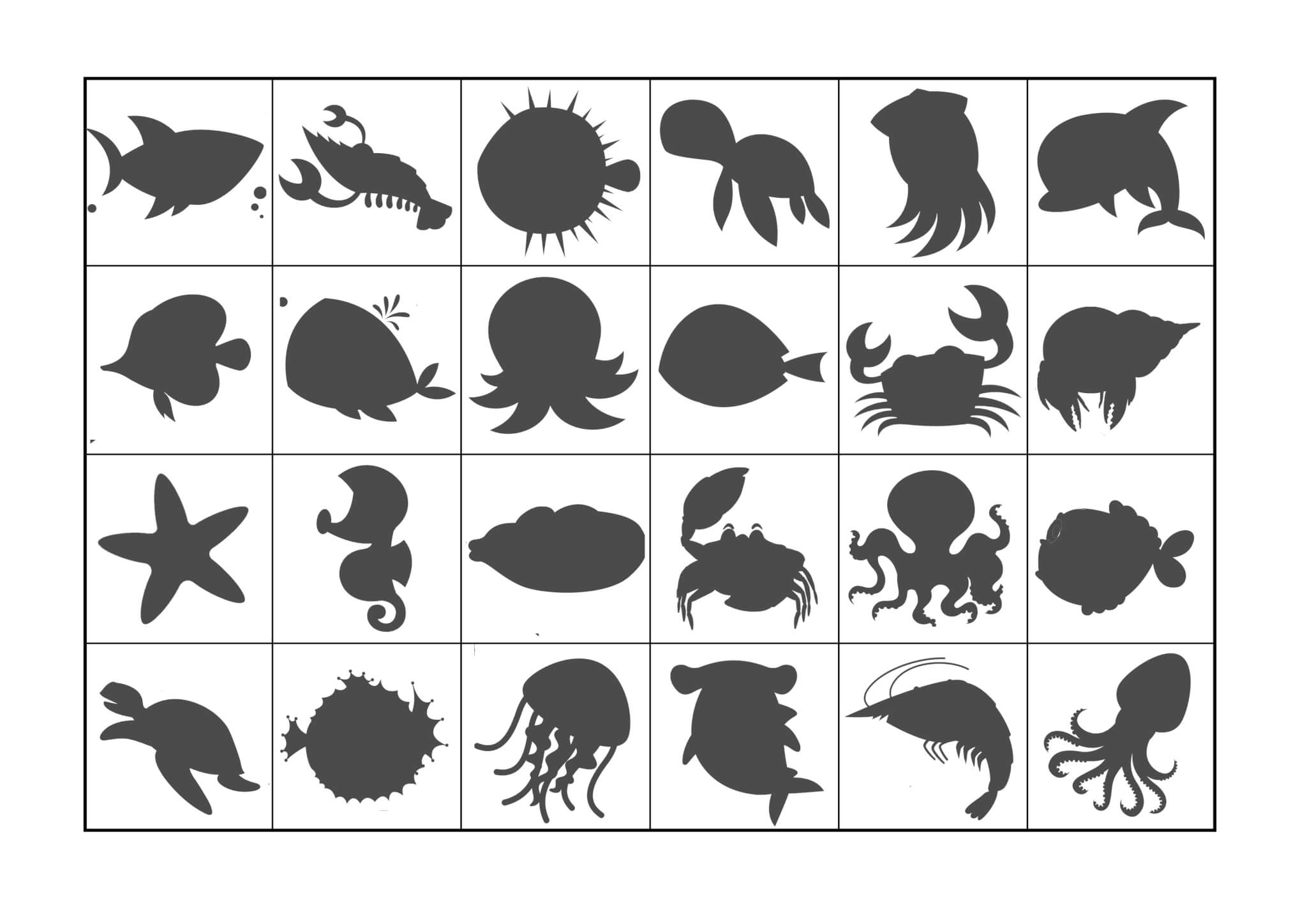 Теневое лото «Морские обитатели» – распечатать PDF