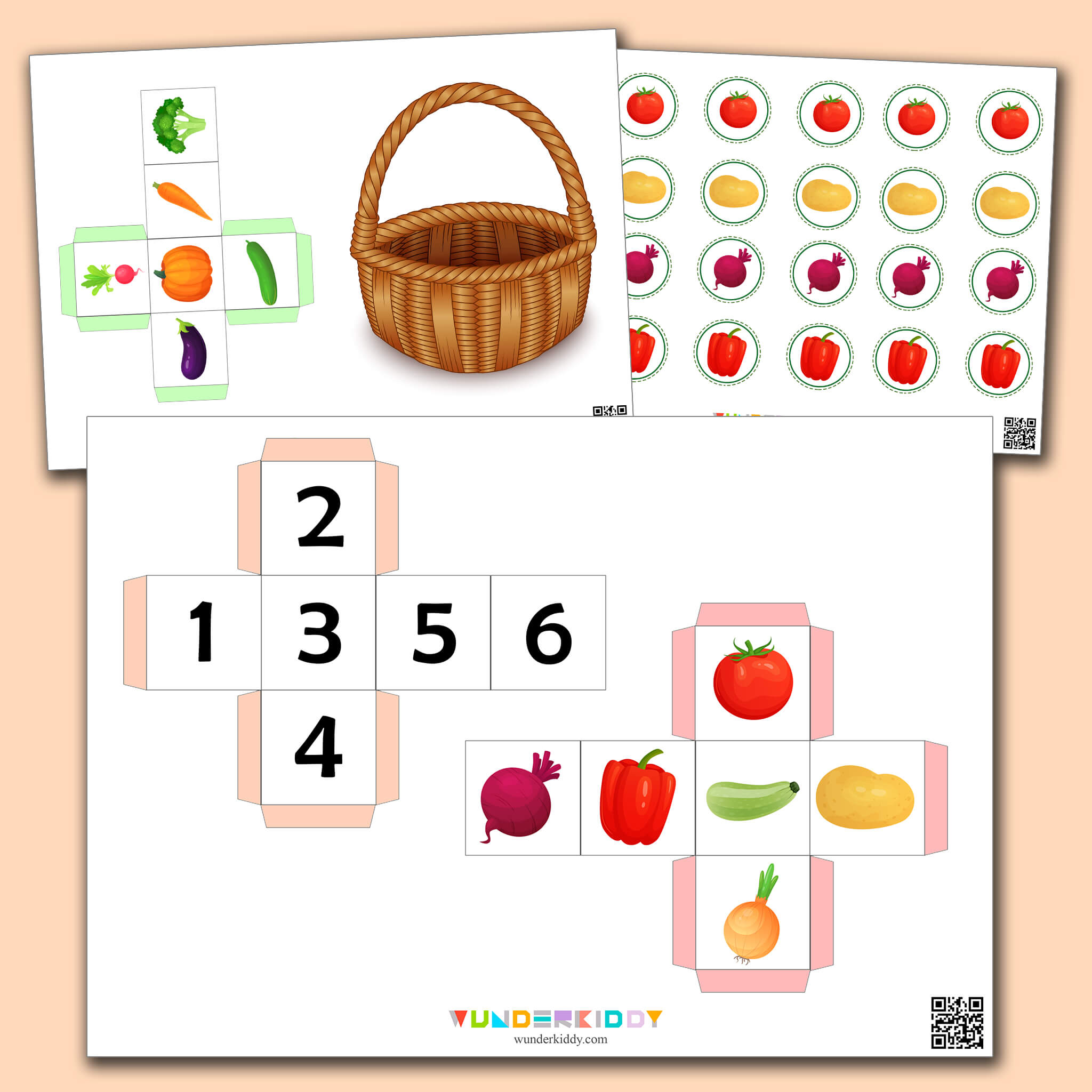 Math Dice Game for Kids Basket of Vegetables