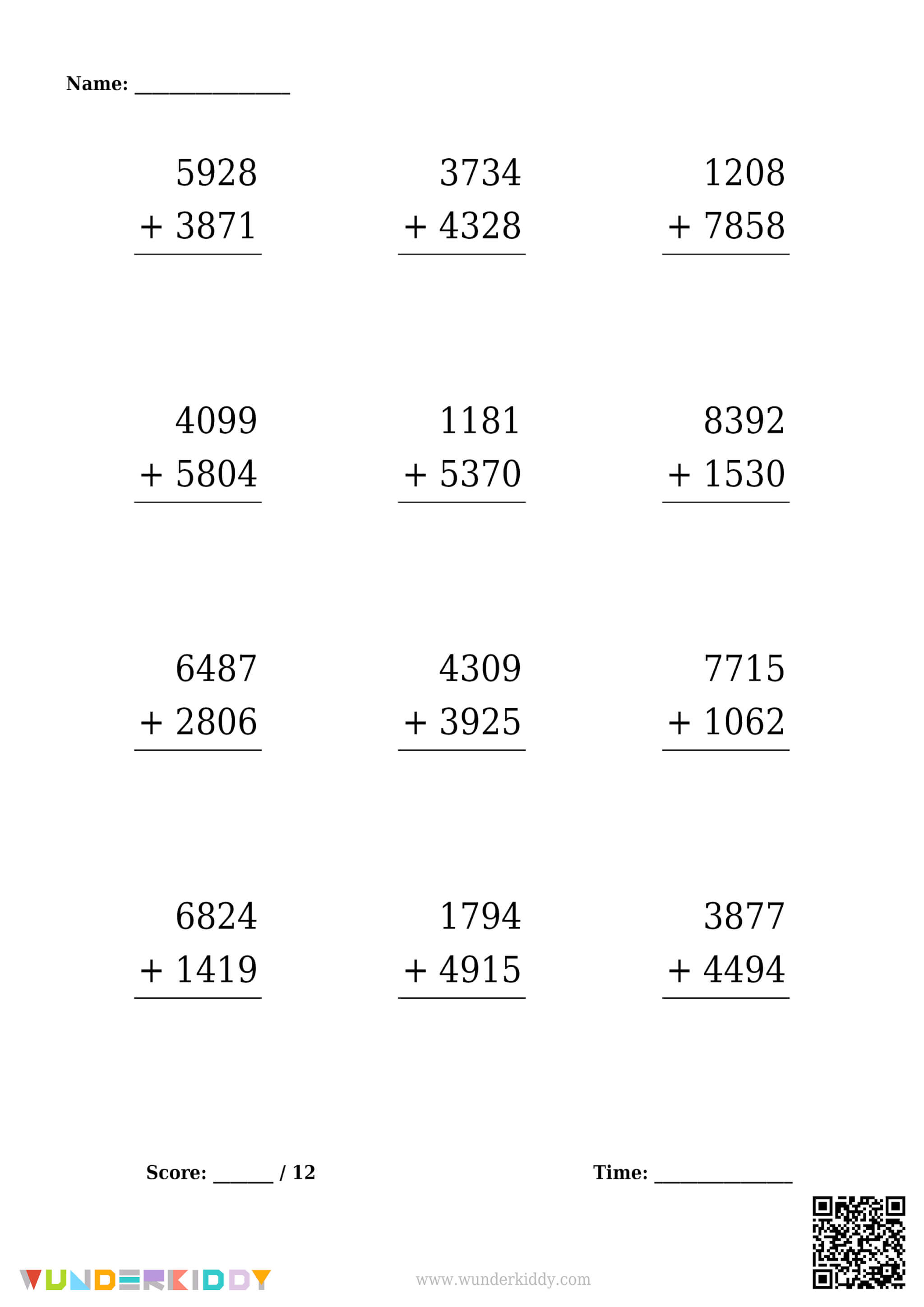 Subject Header Math 4-Digit Column Addition Worksheets Generator – Free Printable Math Practice
