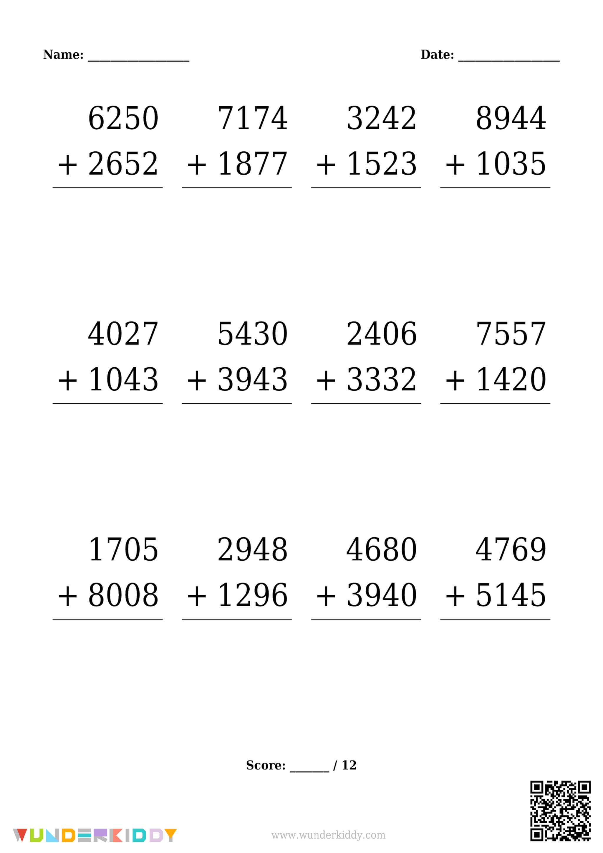 Subject Header Math 4-Digit Column Addition Worksheets Generator – Free Printable Math Practice