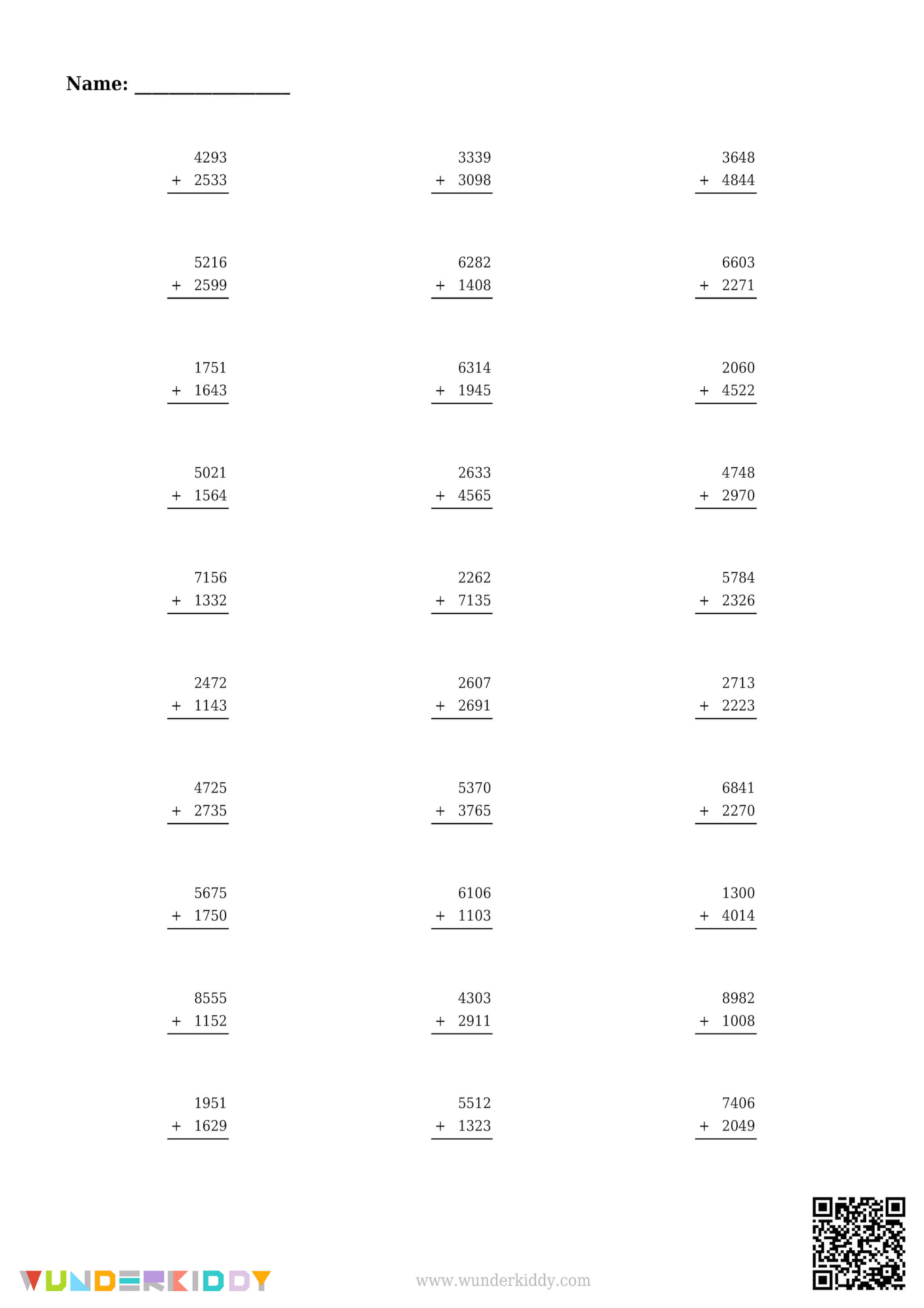 Subject Header Math 4-Digit Column Addition Worksheets Generator – Free Printable Math Practice
