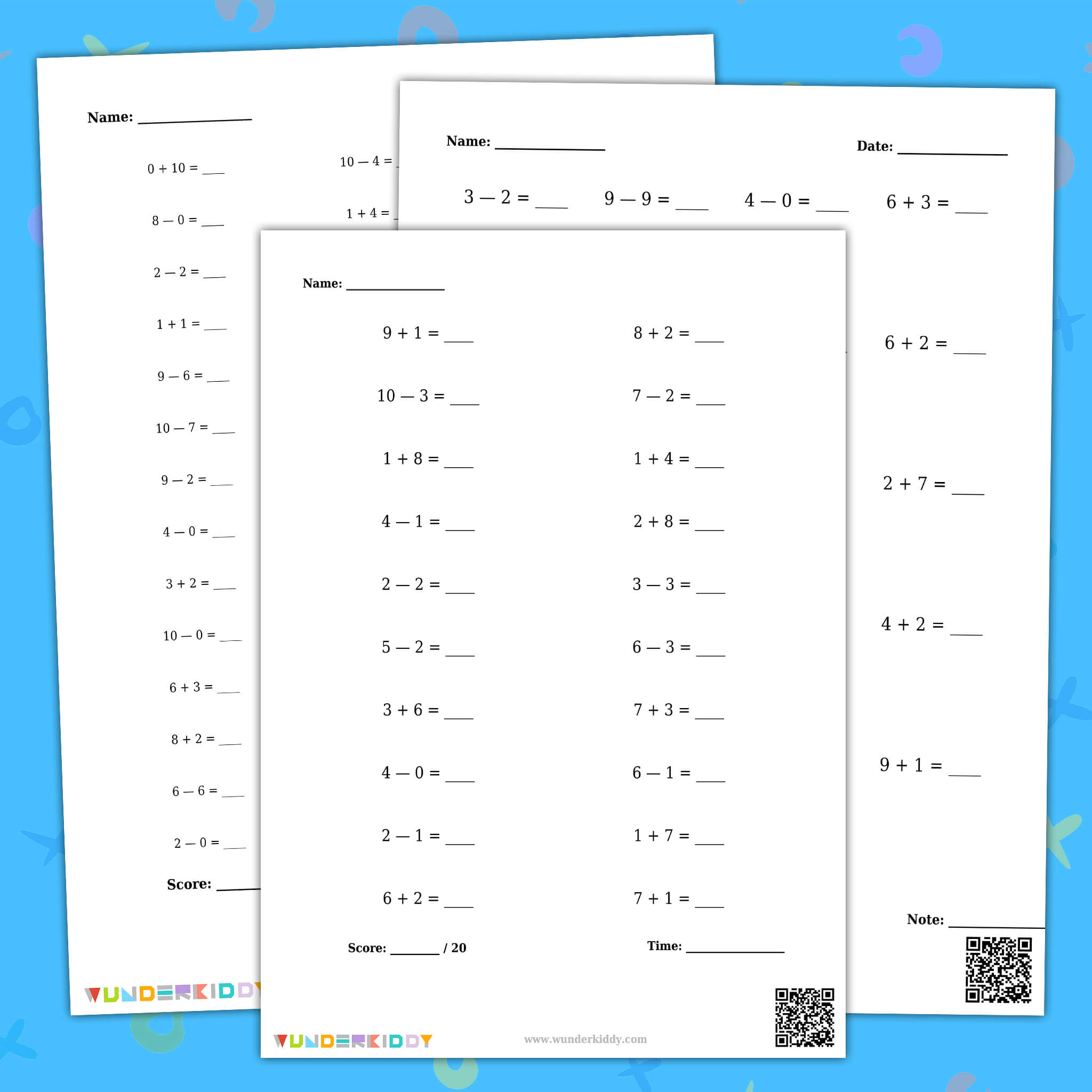 Fiches de calculs simples à un chiffre