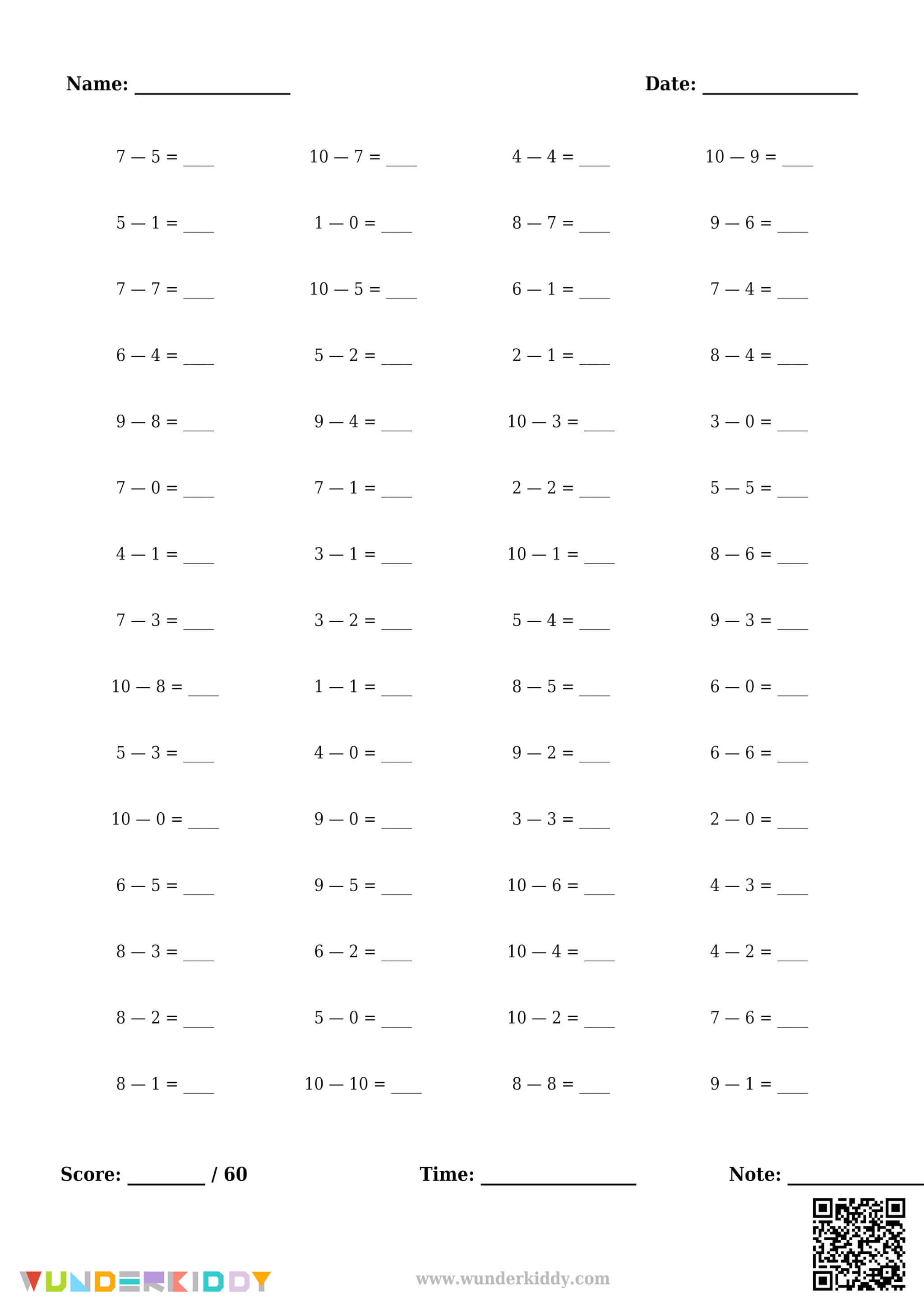 Fiches de soustraction à un chiffre - Image 2