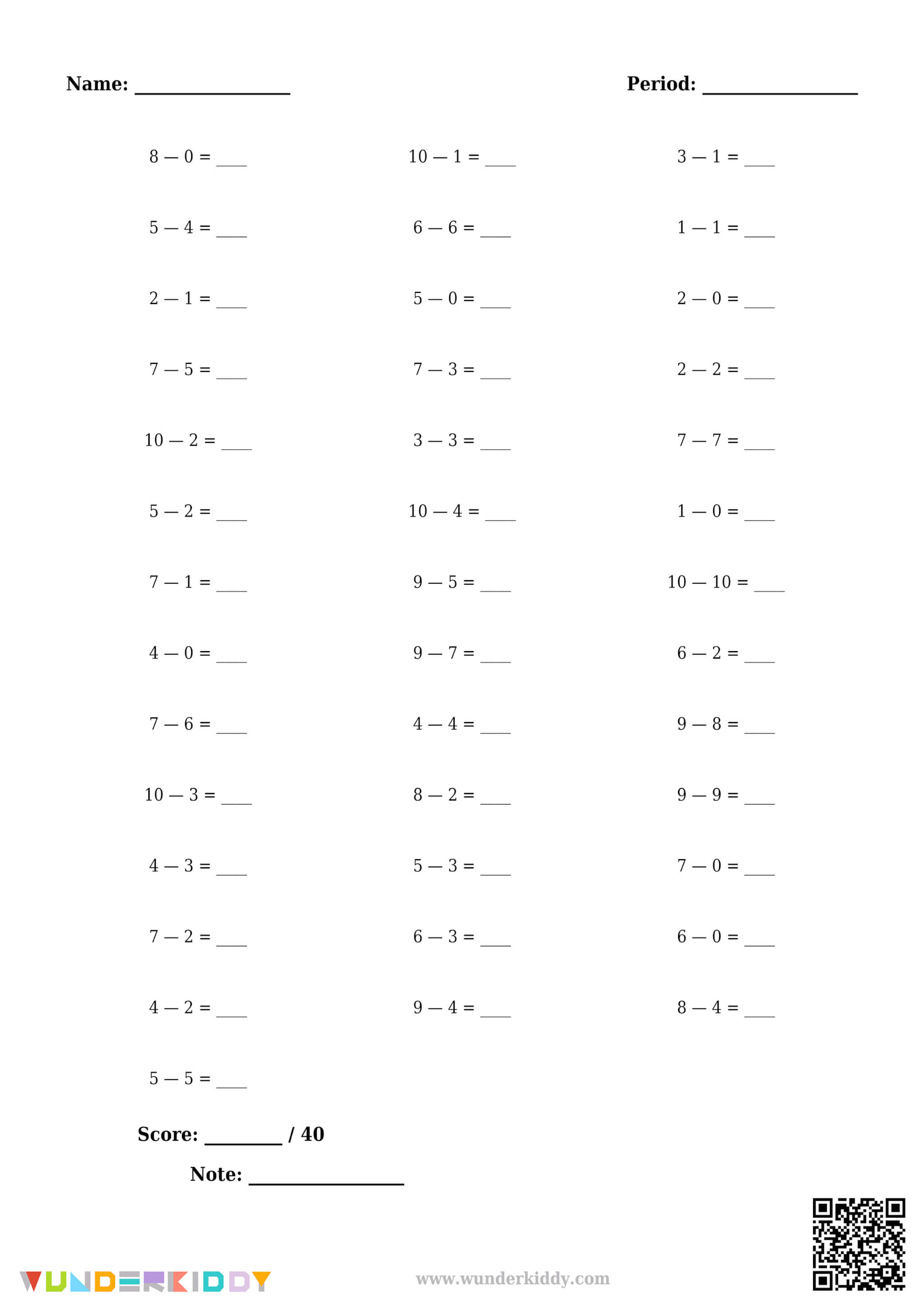 Fiches de soustraction à un chiffre - Image 7