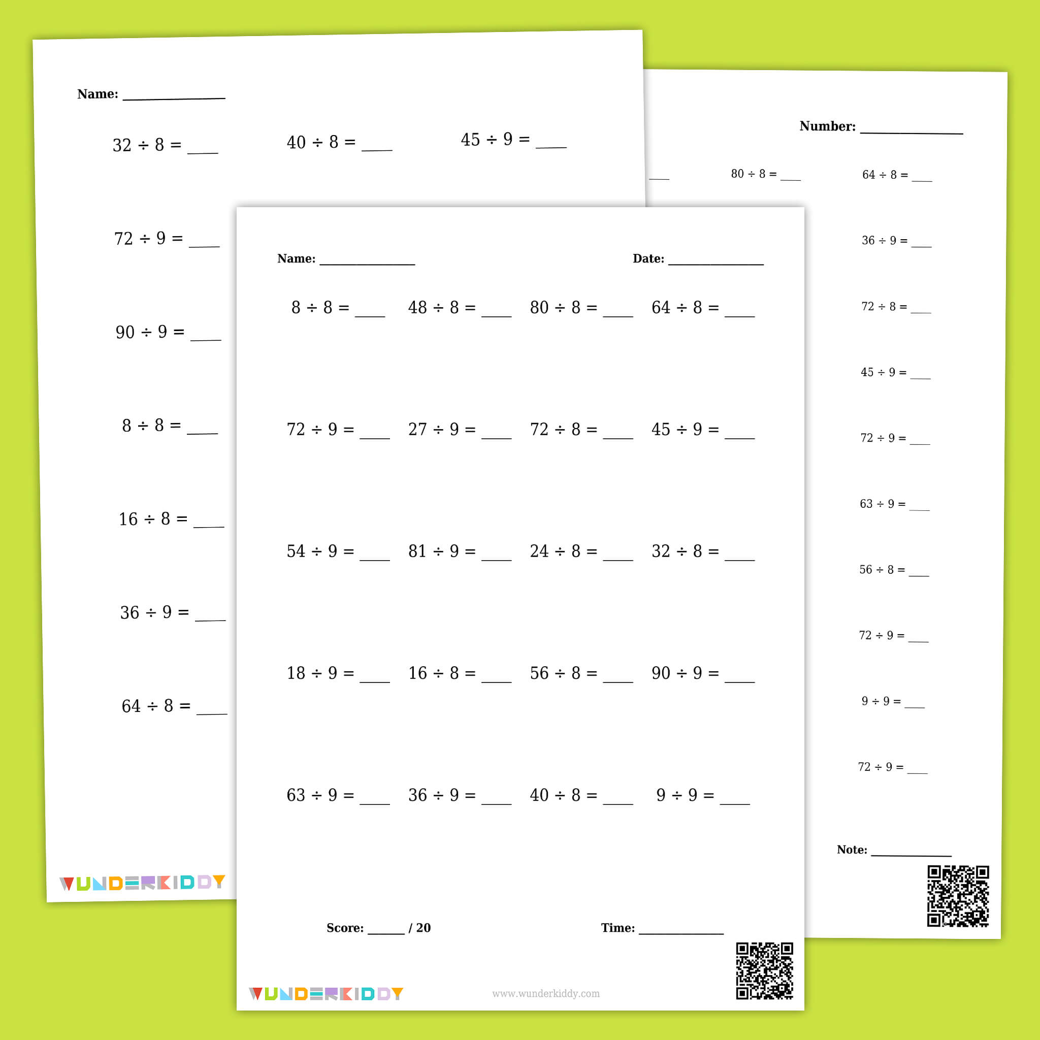Division by 8 or 9 Facts Worksheets