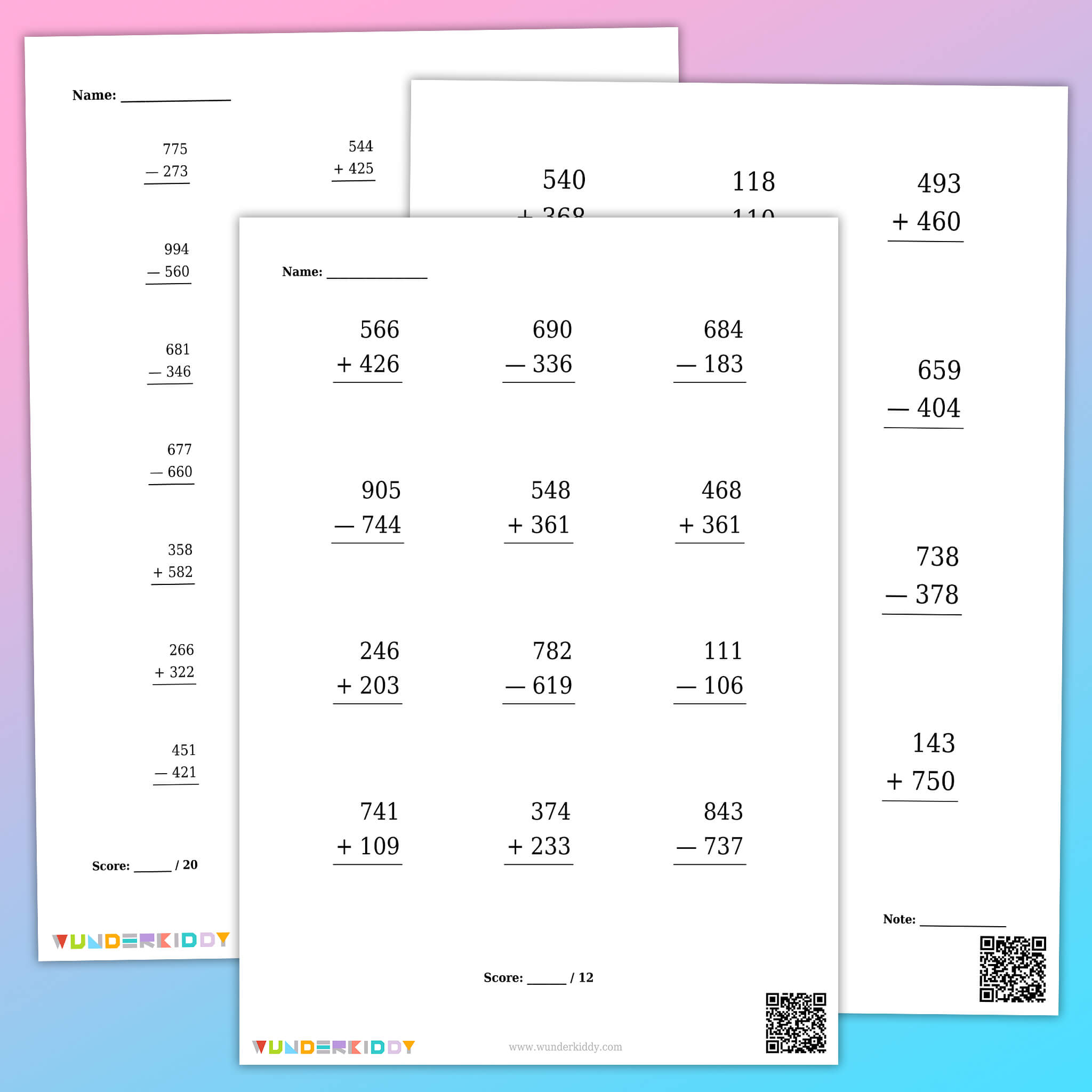 Mixed Addition and Subtraction (3 digits) Worksheets