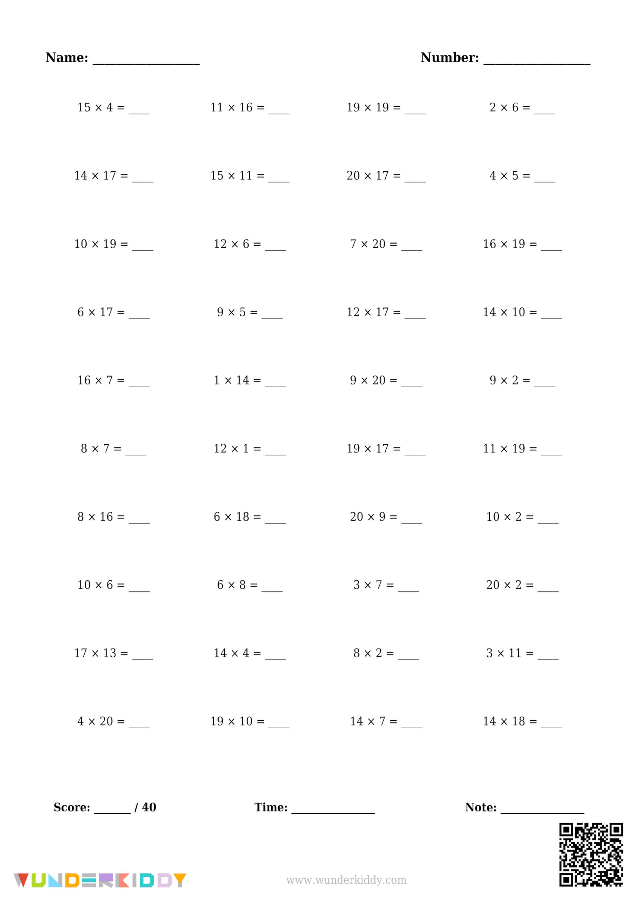 Number Fact Generator Printable Multiplication Worksheets 1-20, 5th Grade